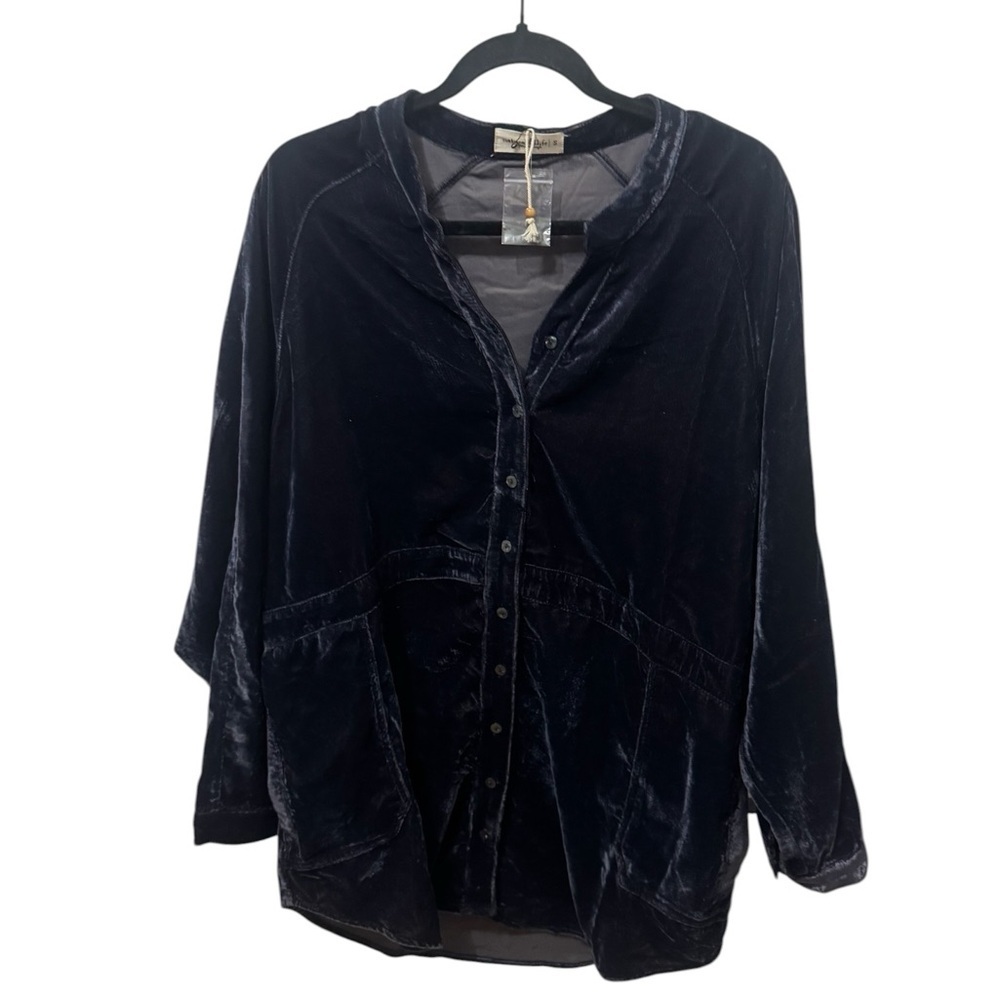 NATURAL LIFE Navy Blue  Velvet Button-Front Top Size Small